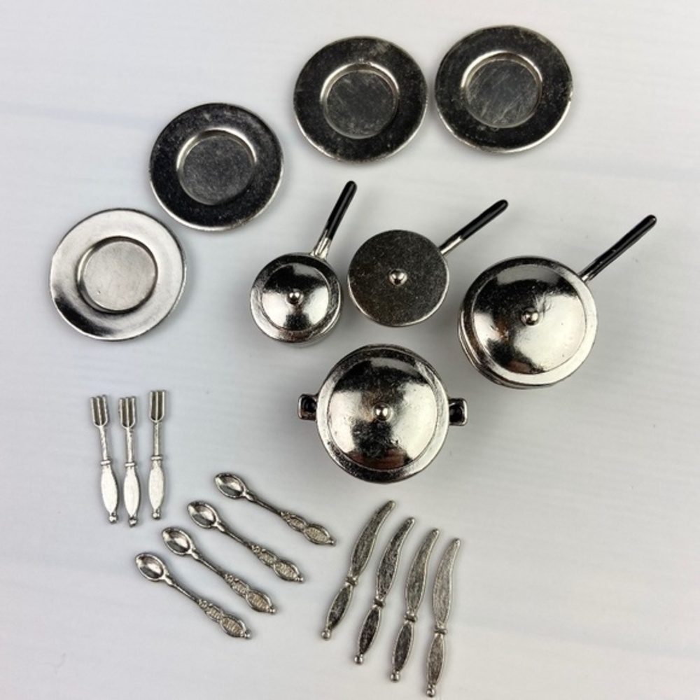 Dollhouse Miniature Metal Kitchenware Bundle Plates Silverware Pots and Pans